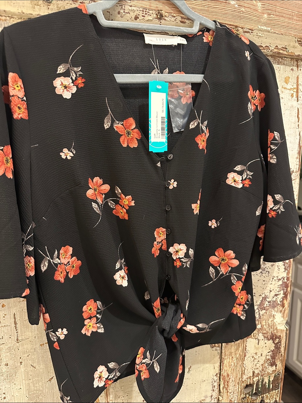 Lush Black Floral Tie-Front Blouse with Coral Blooms - Picture 3 of 3